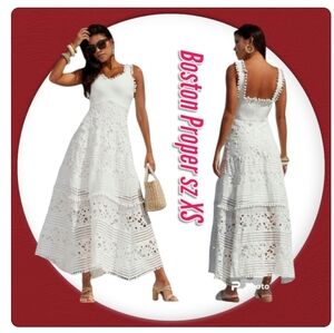 Boston Proper Dress Maxi White  Mixed Media Lace Pom Pom NWOT sz XS